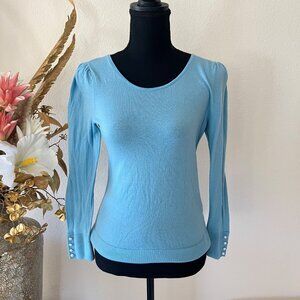 Talbots Pure Merino Wool Sky Blue Pearl Accent Sweater size Petite Medium NWOT